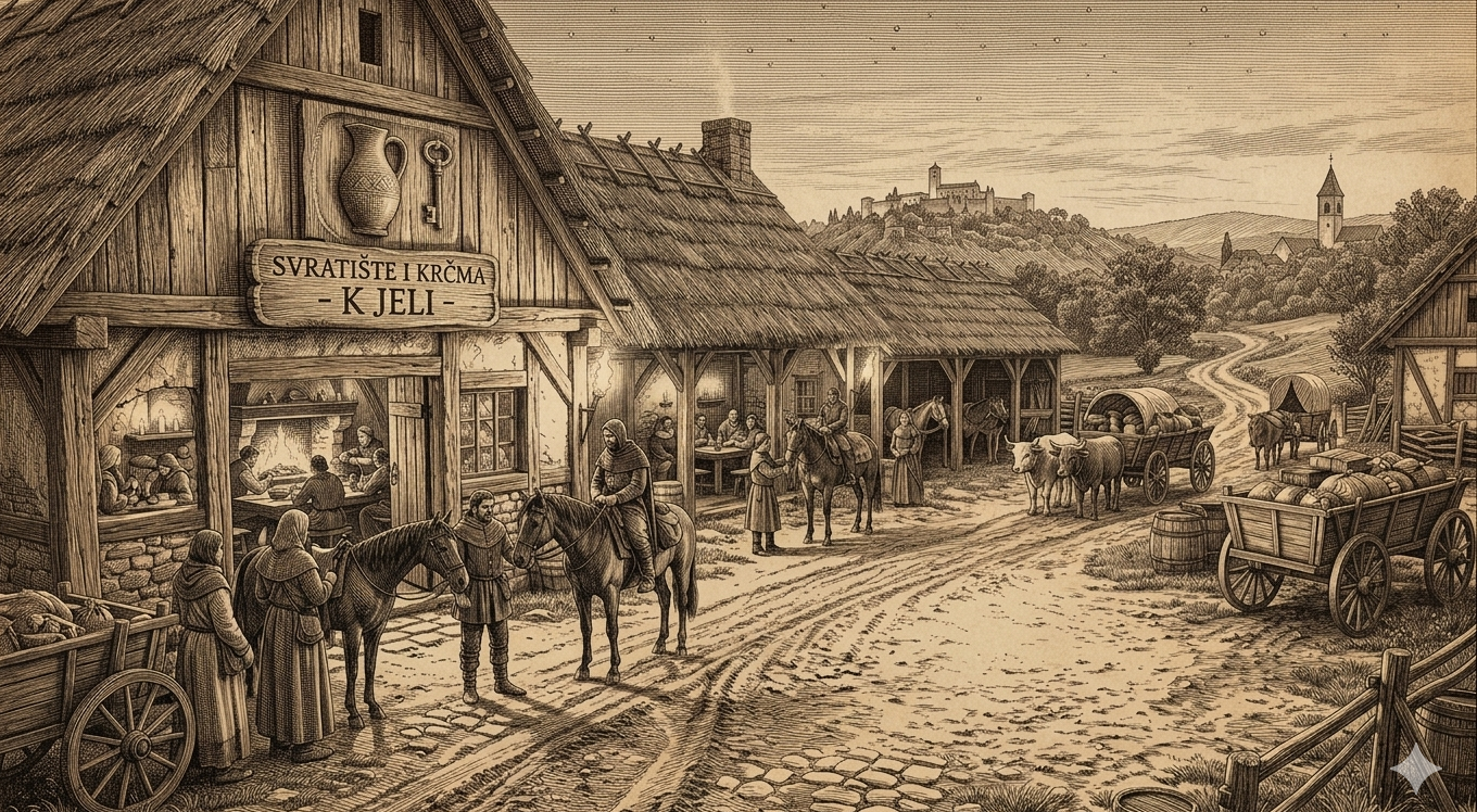 Ilustracija srednjovjekovne krčme i svratišta - Tragovima starih putova