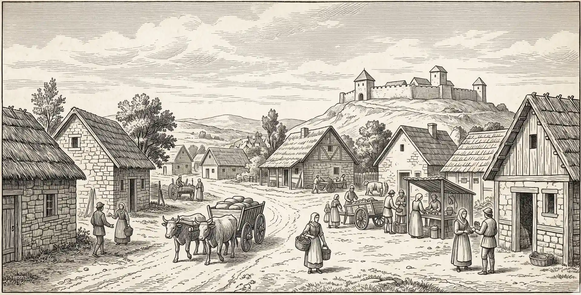 Srednjovjekovno podgrađe i utvrda na brdu, ilustracija svakodnevice uz stare putove
