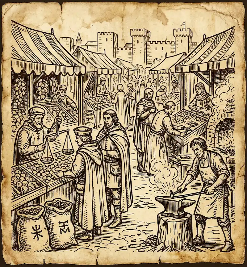 Srednjovjekovni sajam i trgovina, ilustracija na pergamentu - Stari putovi