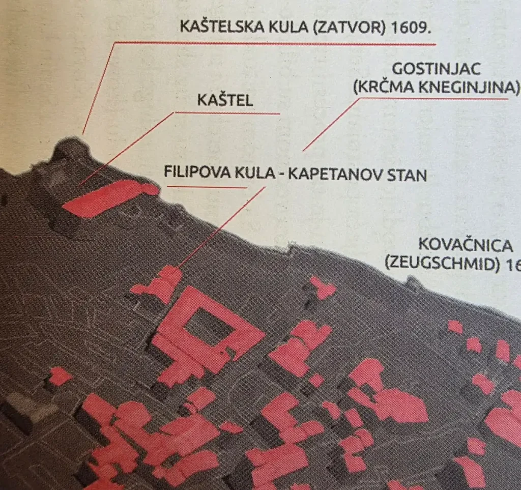 Skica položaja Kneginjine krčme uz senjski kaštel u srednjovjekovnom Senju.